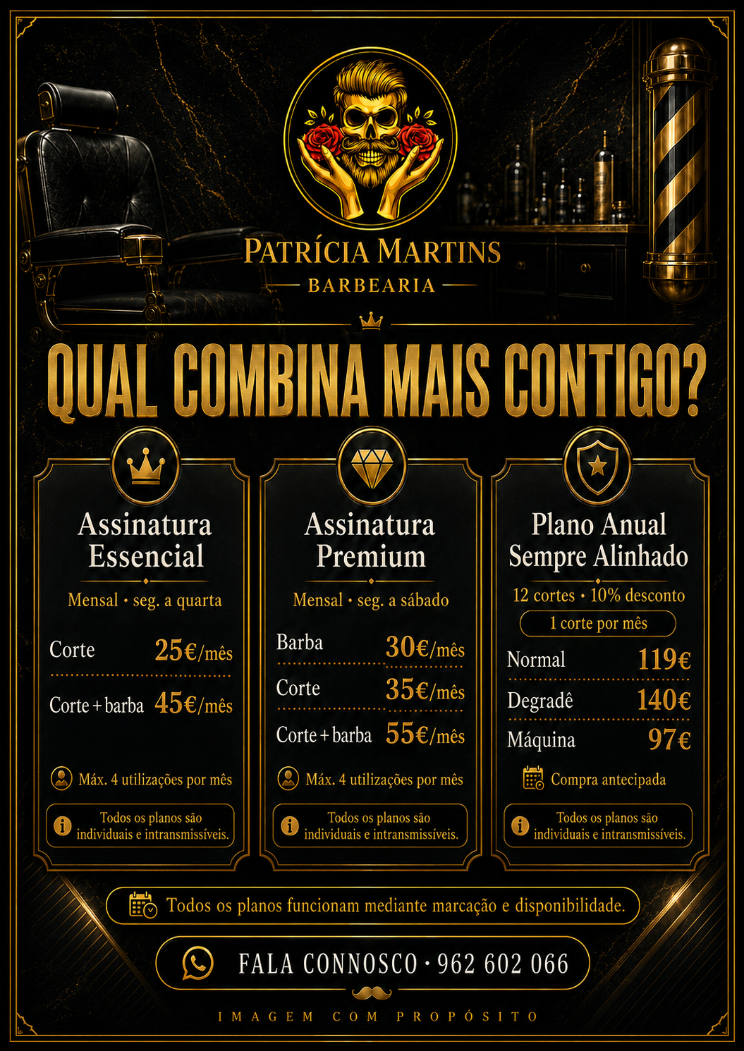 Qual combina mais contigo? Assinatura Essencial, Assinatura Premium e Plano Anual Sempre Alinhado do Clube da Patrícia Martins Barbearia